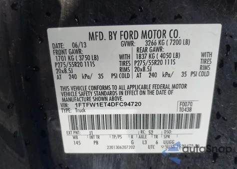 2013 Ford F-150 Platinum из США, поврежденный, VIN 1FTFW1ET4DFC94720